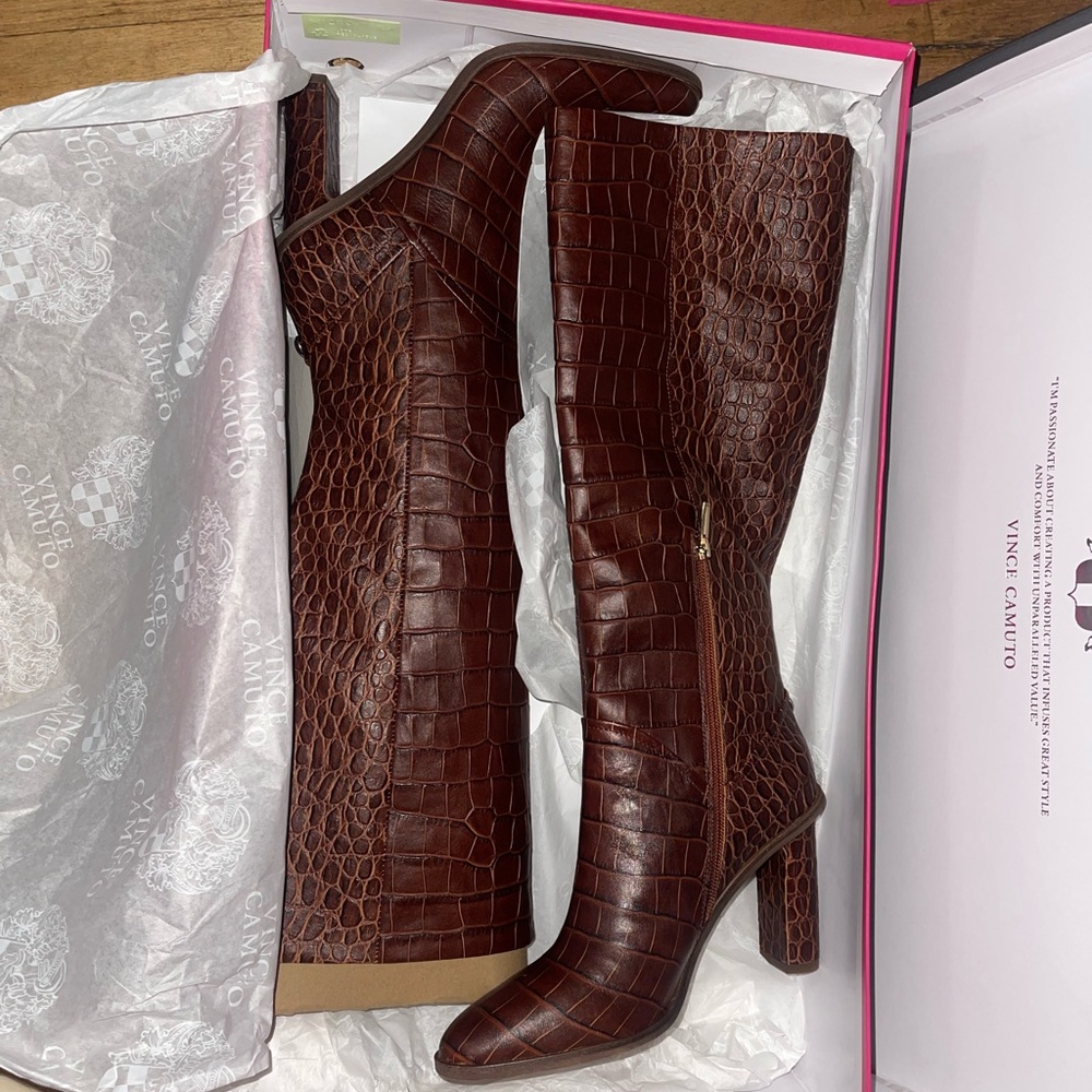 Vince Camuto Brown Croc-Embossed Heeled Boots